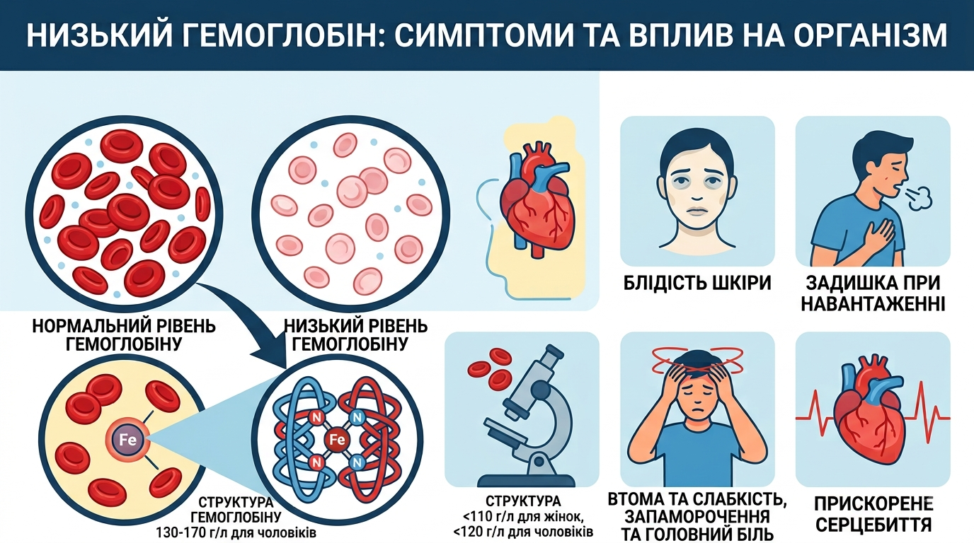 Низький гемоглобін: симптоми, причини та як підвищити